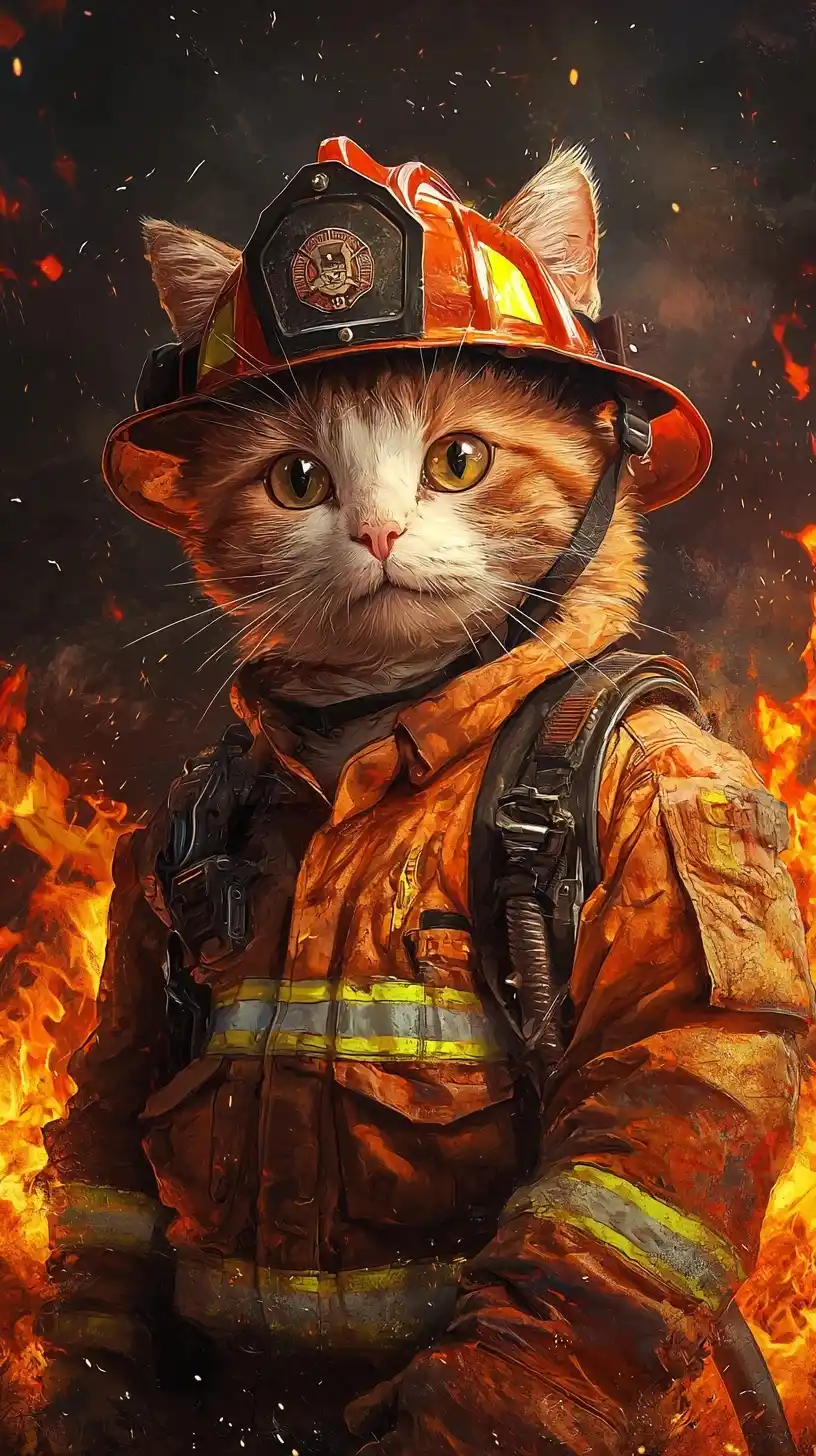 Cat Firefighter in Flames Midjourney提示词
