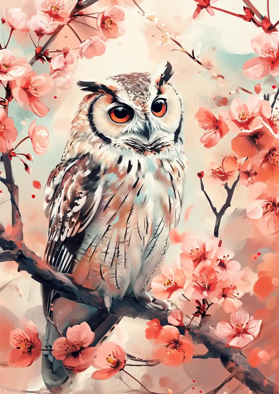 Soft Watercolor Owl on Tree Midjourney提示词