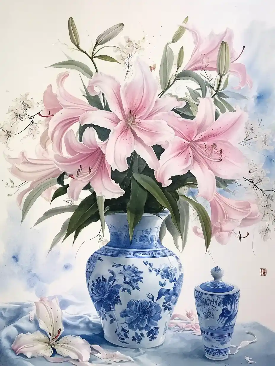 Exquisite Lily in Chinese Watercolor Midjourney提示词