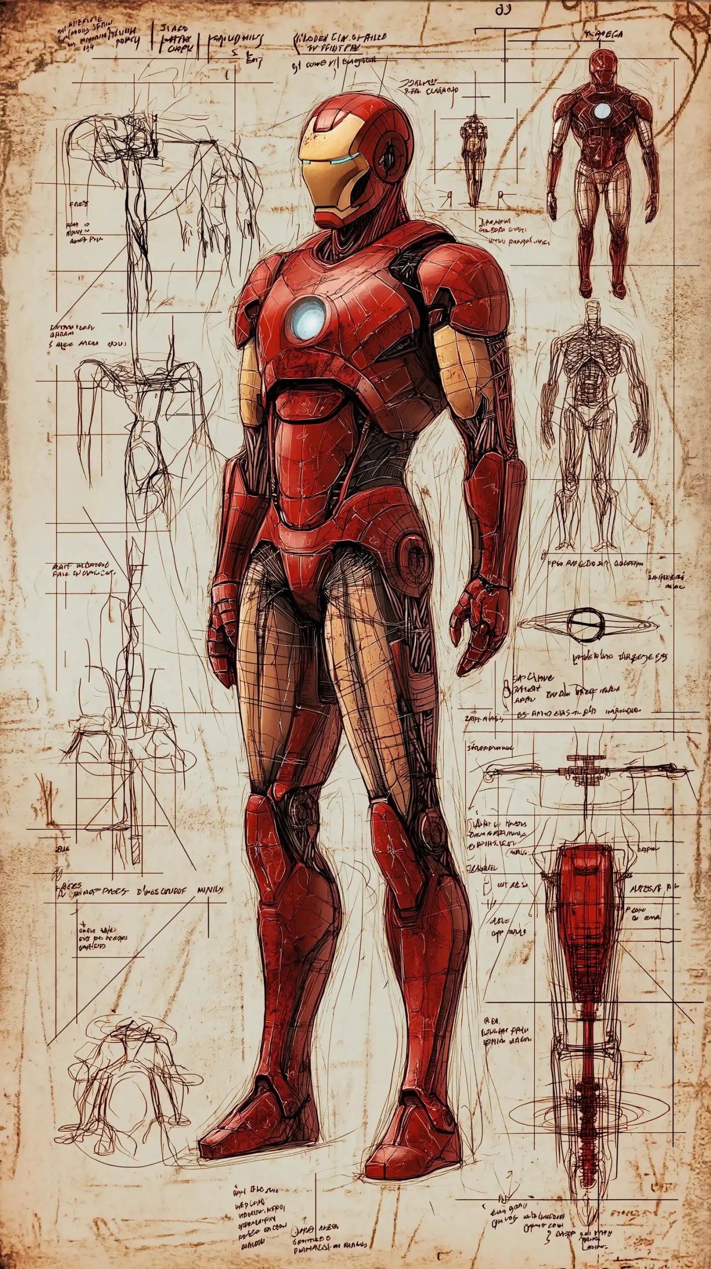 Anatomical Sketches of Iron Man Midjourney 提示词生成效果