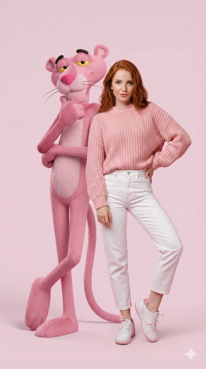 Redhead Woman & Pink Panther: Fashion Studio Photography Nano Banana提示词