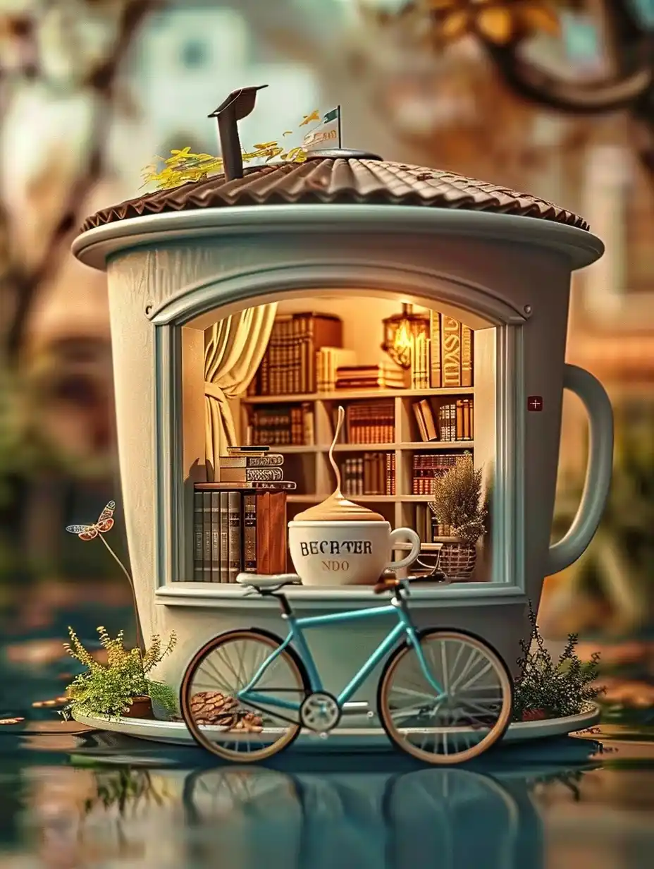 Warm Bookstore Bicycle 3D Midjourney提示词