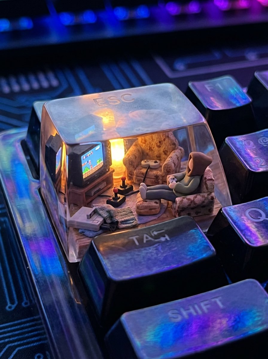 Artisan Keycap Miniature Gaming Diorama | Retro Gamer Keyboard Nano Banana提示词