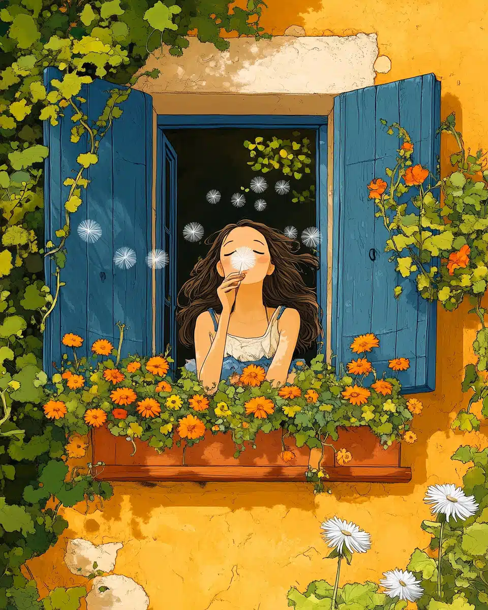 Cartoon Woman Blowing Dandelions Midjourney提示词
