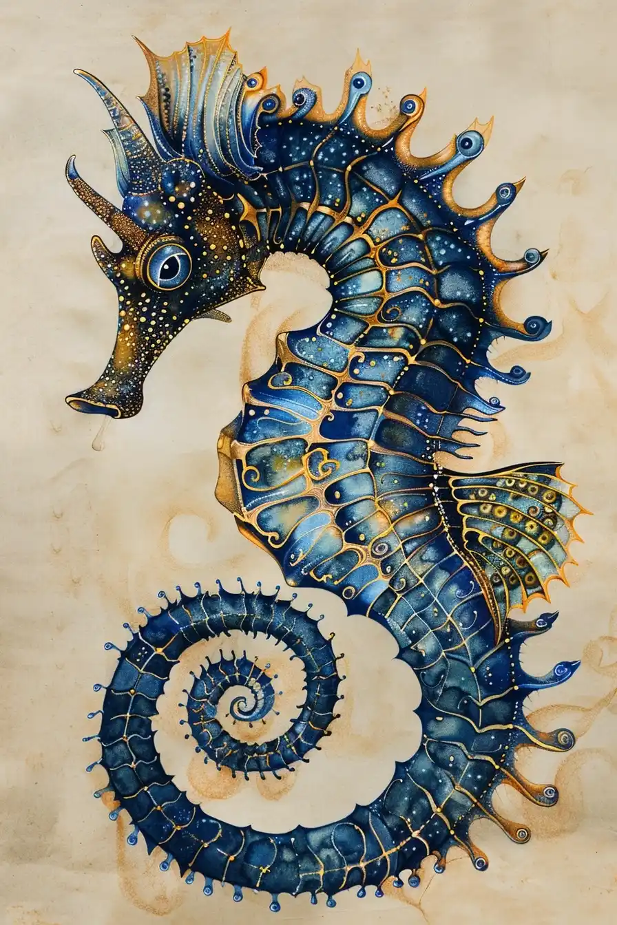 Watercolor Bioluminescent Seahorse Midjourney提示词