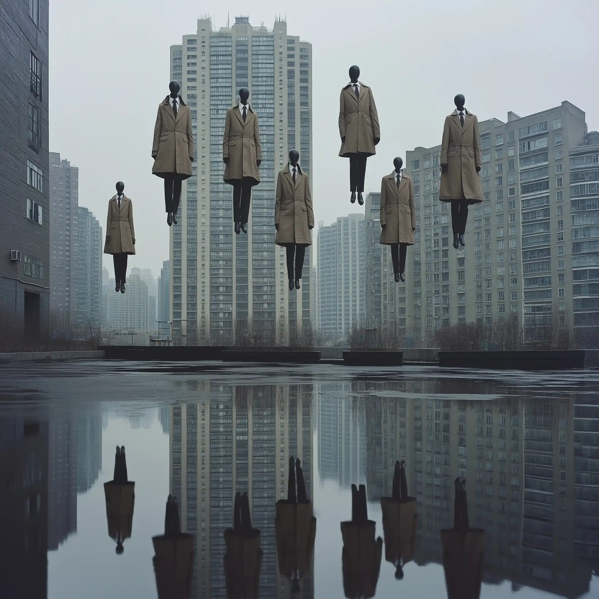 Gentlemen Floating in City Midjourney提示词
