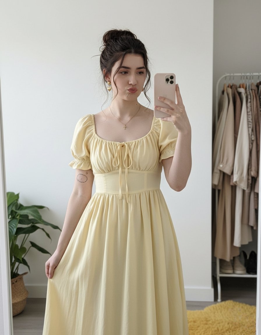 Woman in Yellow Dress Mirror Selfie | Fashion Outfit Nano Banana提示词