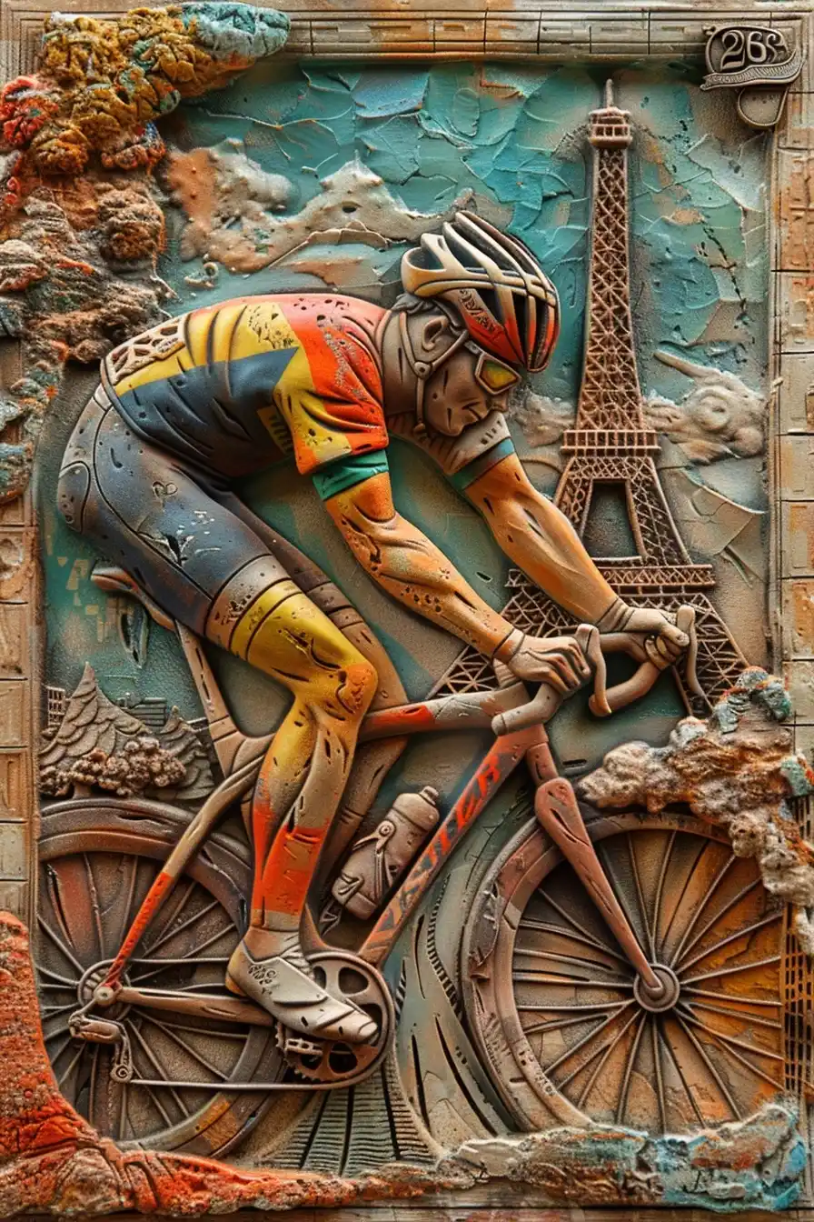Clay Relief Cyclist Paris Midjourney提示词