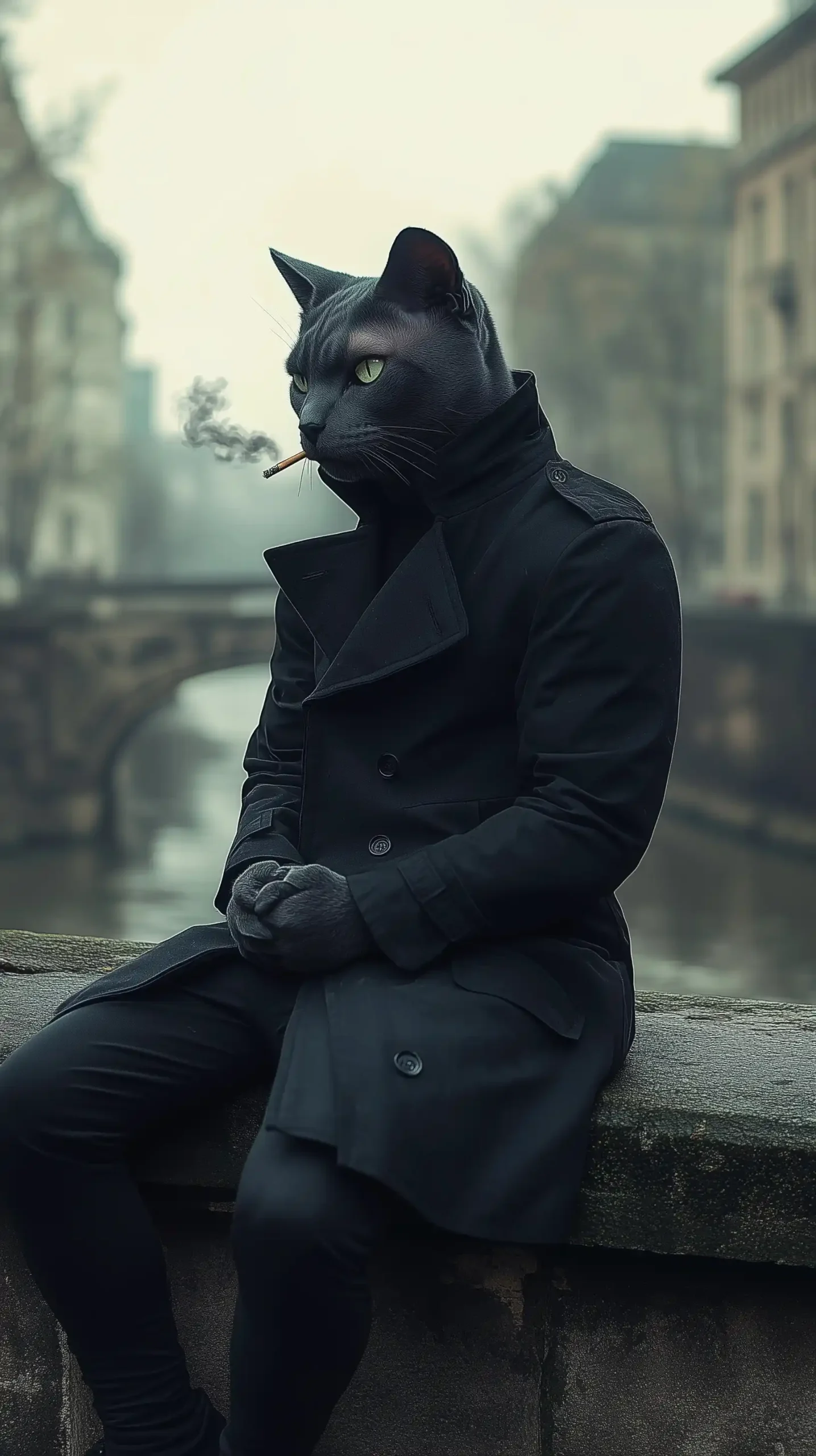Noir Cat on Bridge Midjourney提示词