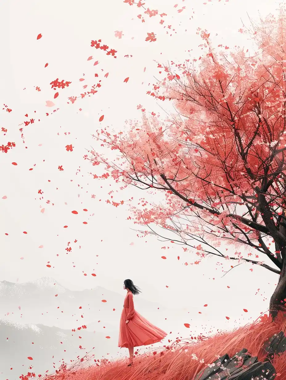 Minimalist Cherry Blossom Girl Midjourney提示词
