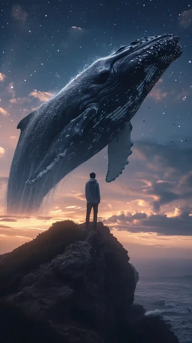 Whale-Flying Asian Man Midjourney提示词