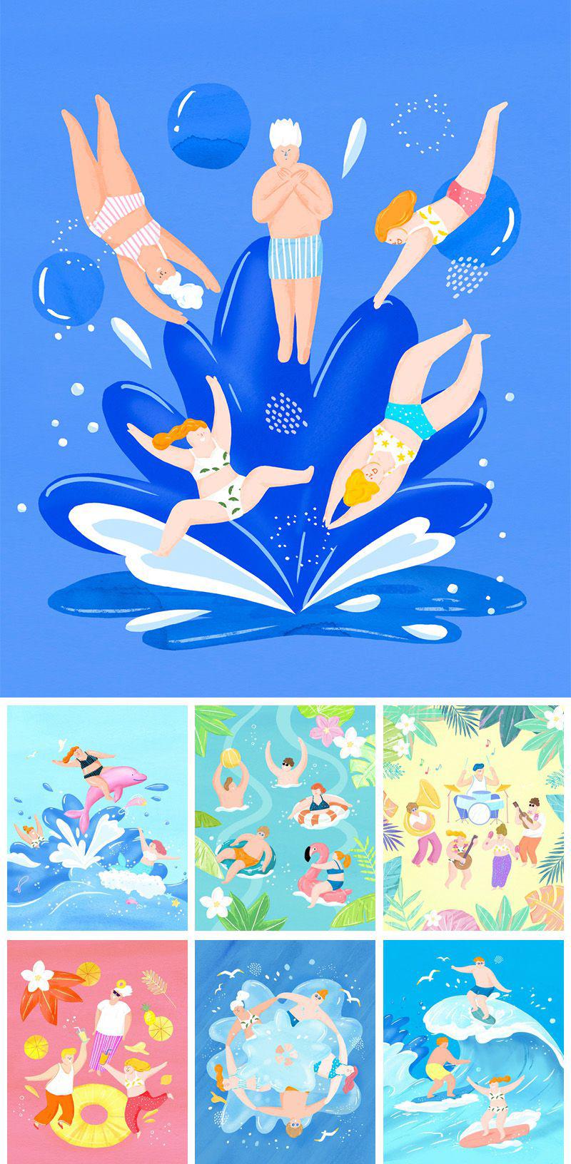 7款夏天夏季夏日游泳冲浪卡通插画PSD格式