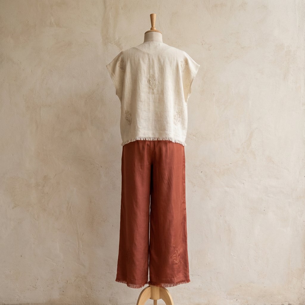Artisanal Linen Fashion: Embroidered Top & Wide-Leg Pants Nano Banana提示词