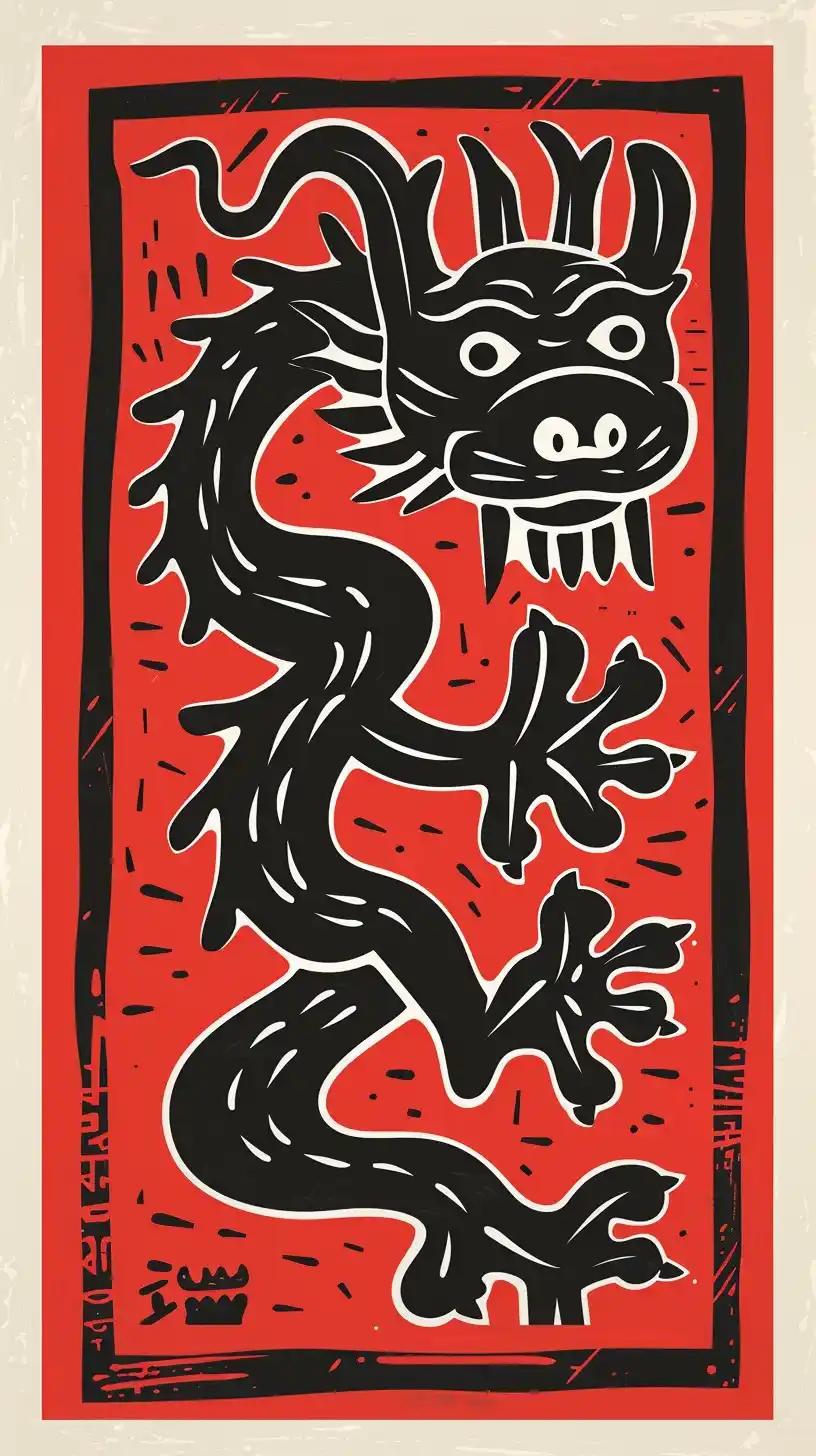 Chinese Dragon Haring Linocut Midjourney 提示词生成效果
