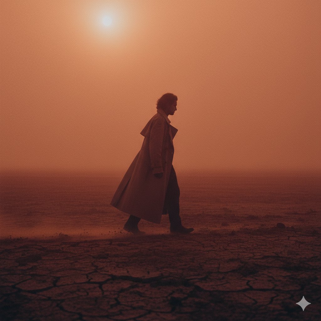 Cinematic Desert Walk: Solitary Figure in Orange Haze Nano Banana提示词