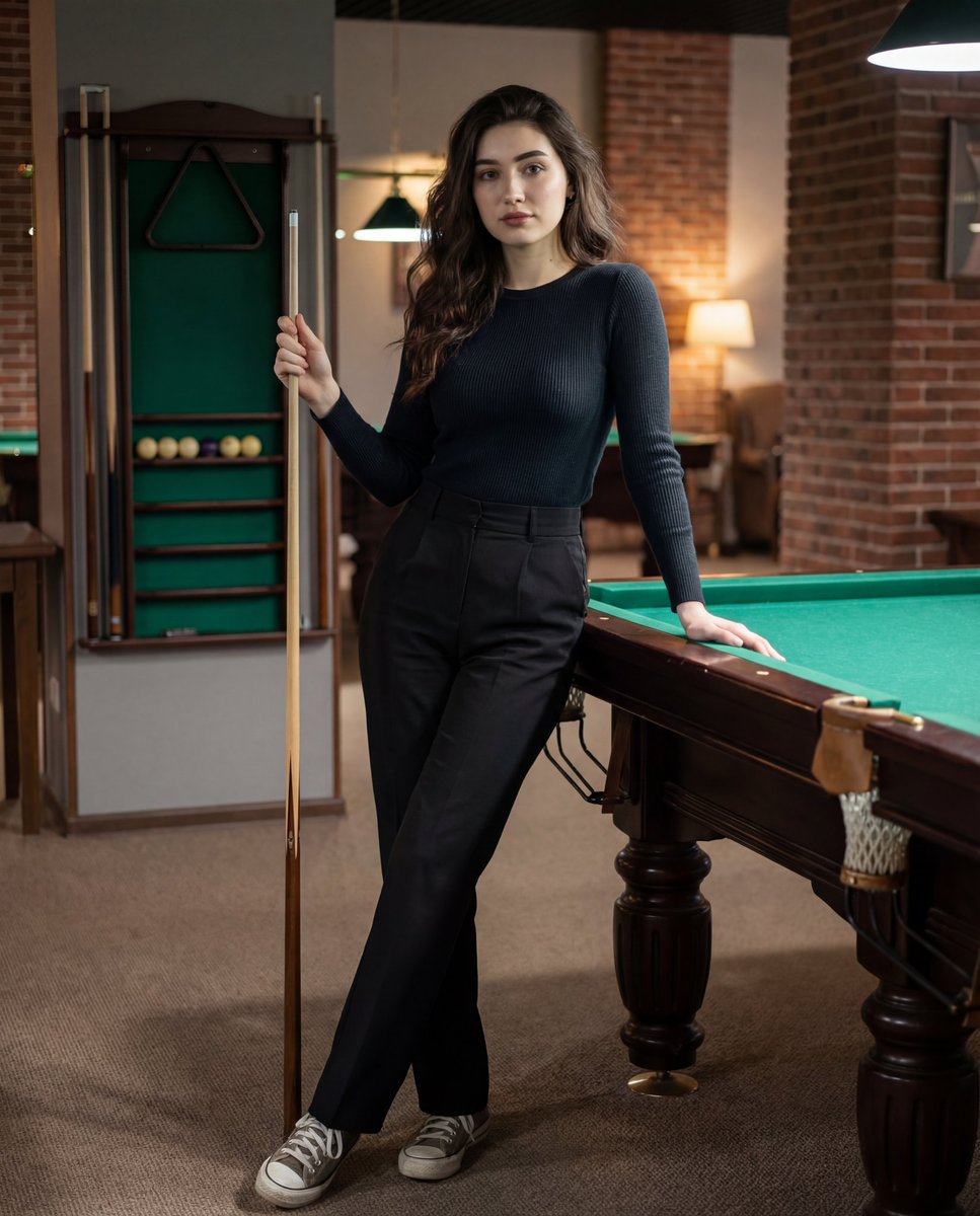 Woman in Pool Hall: Casual Portrait with Billiards Table Nano Banana提示词