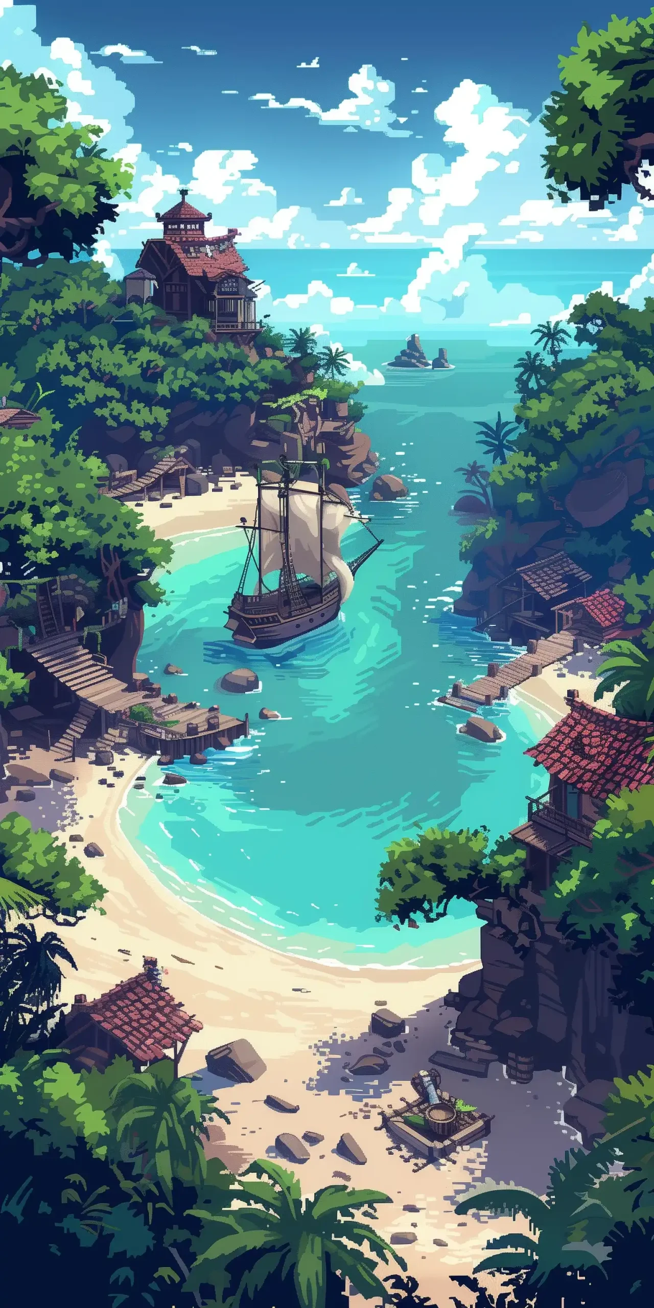 Pixel Pirate Cove Adventure Midjourney提示词