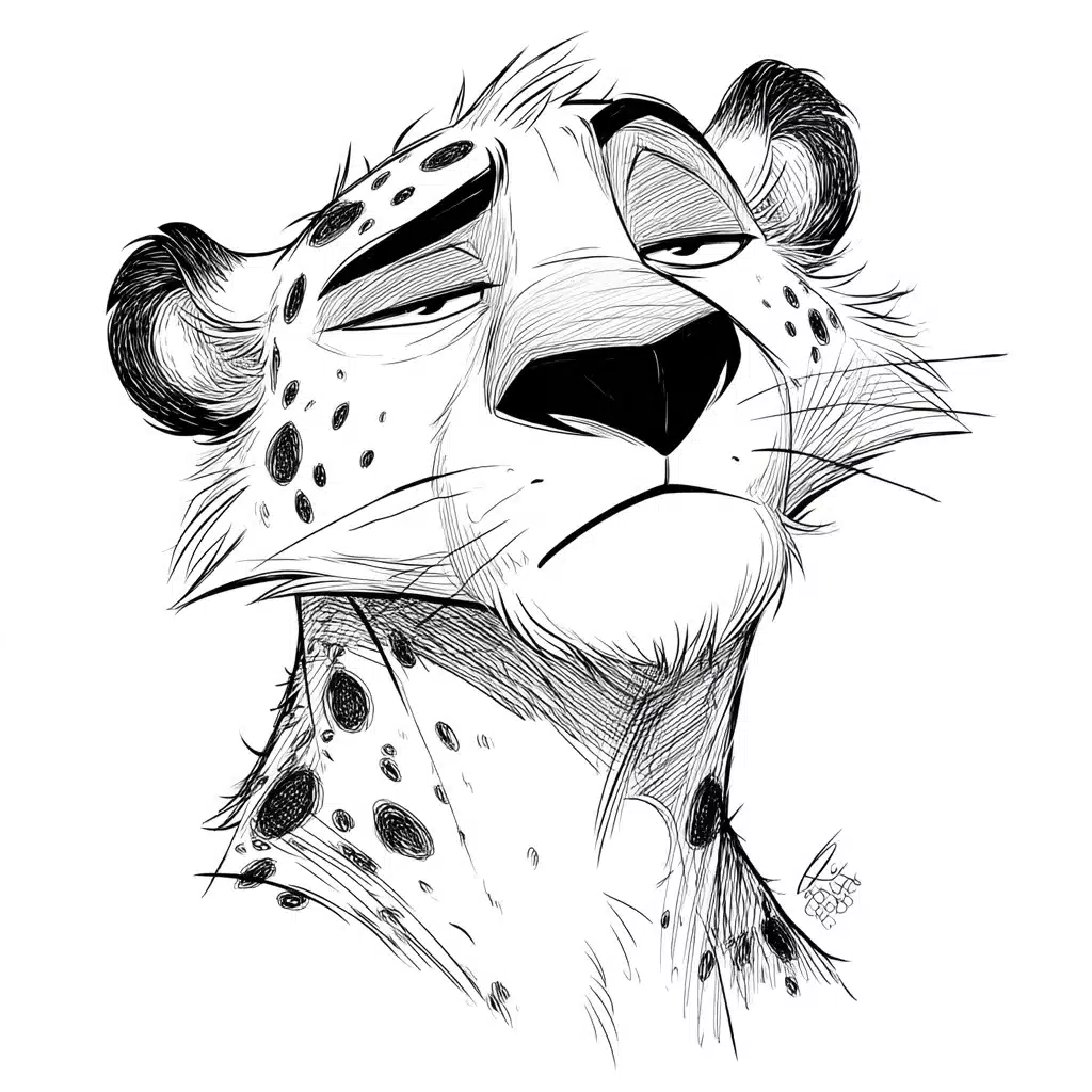 Cartoonish Lazy Leopard Sketch Midjourney提示词