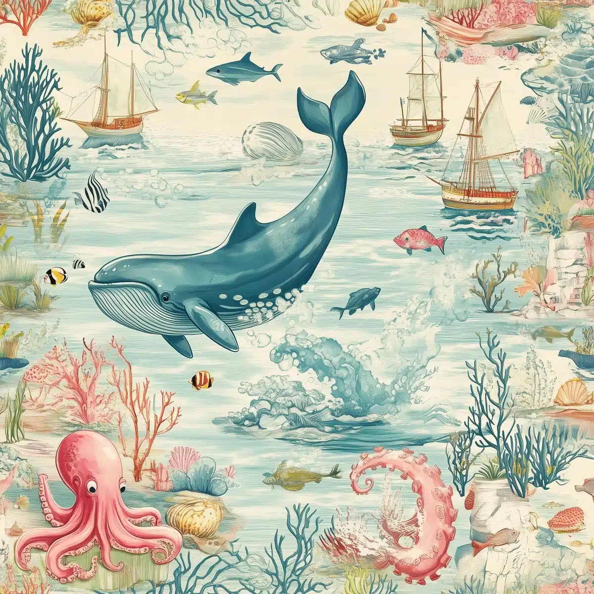 Vintage Toile Ocean Scene Midjourney提示词