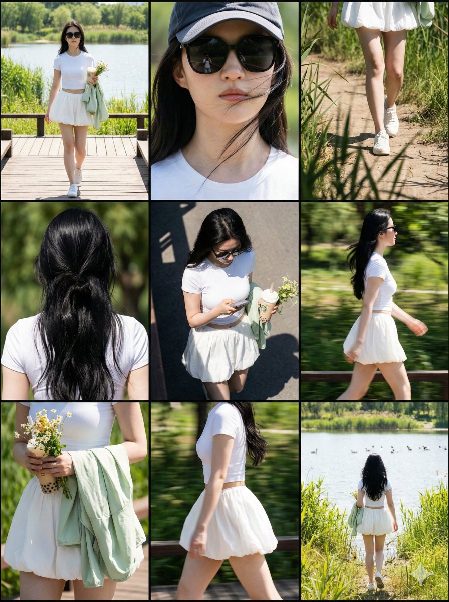 Woman in White Summer Fashion Walking in Nature Park Nano Banana提示词