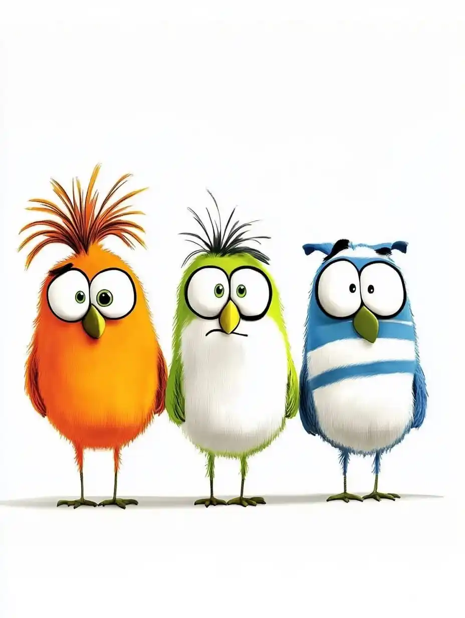 Cartoon Trio Parrot Pigeon Dog Midjourney提示词