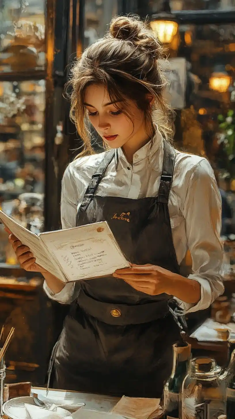 Cafe Waitress in Drama Midjourney提示词
