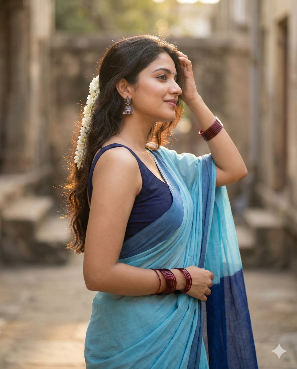 Indian Woman in Saree Portrait with Jasmine Flowers & Jhumkas Nano Banana提示词