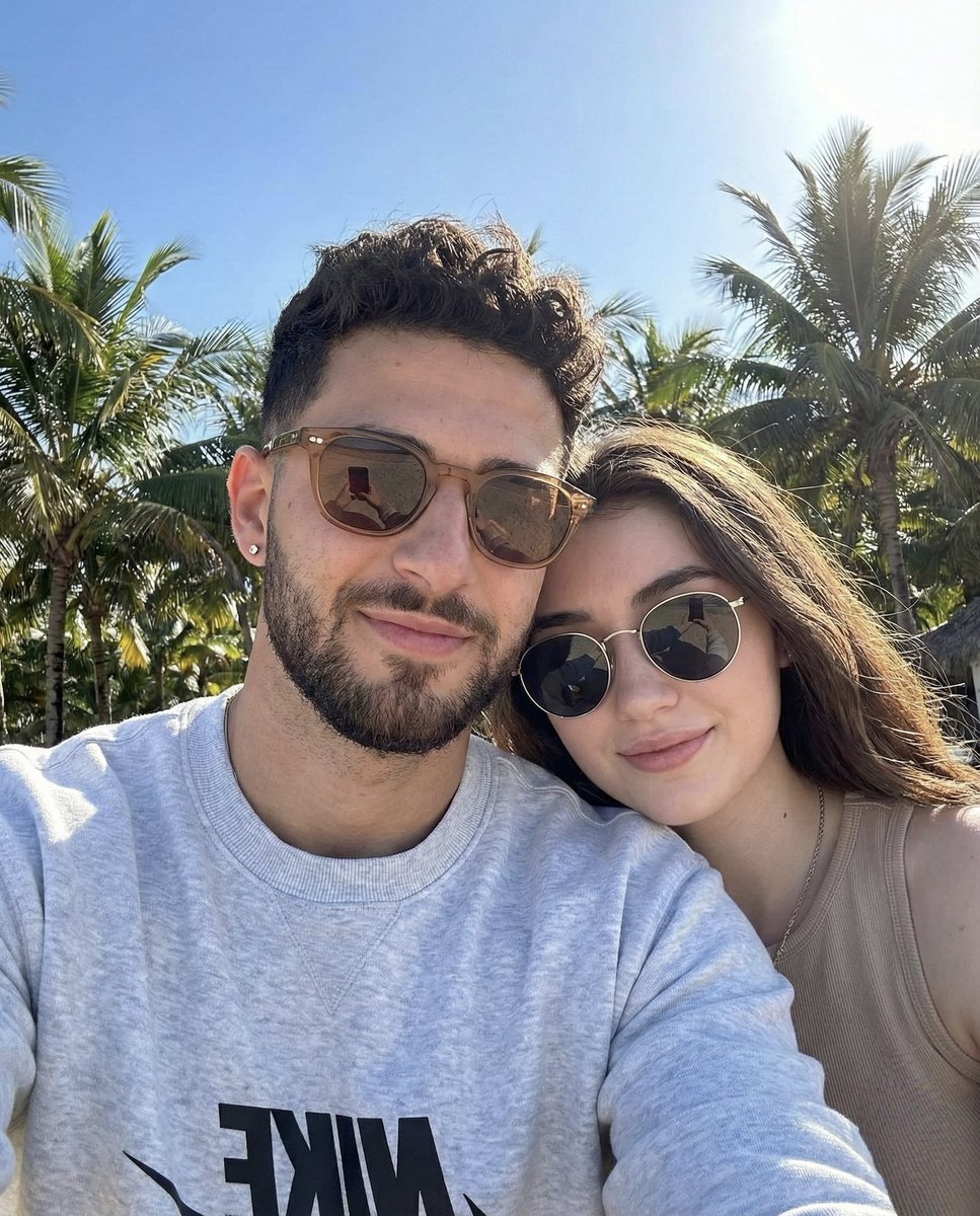 Happy Couple Selfie: Sunny Beach Vacation Portrait Nano Banana提示词