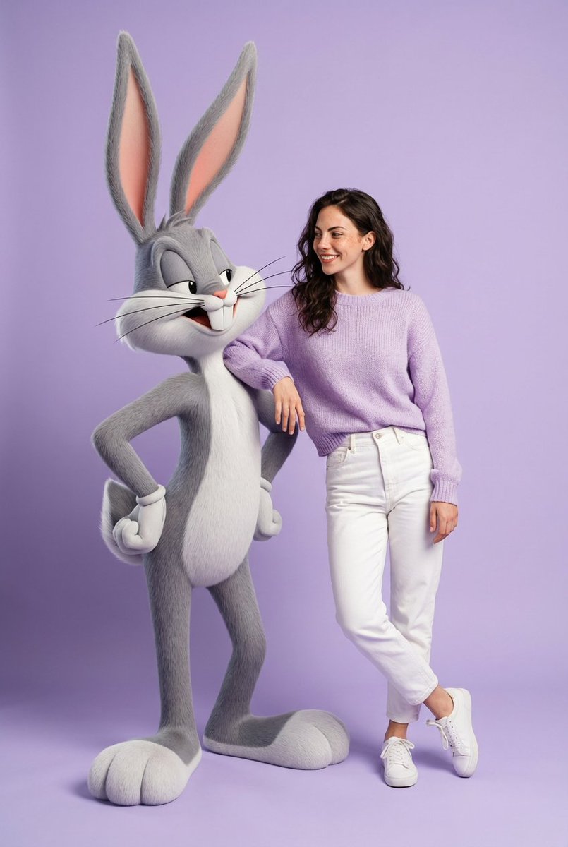 Cheerful Portrait of Woman with Bugs Bunny on Purple Nano Banana提示词