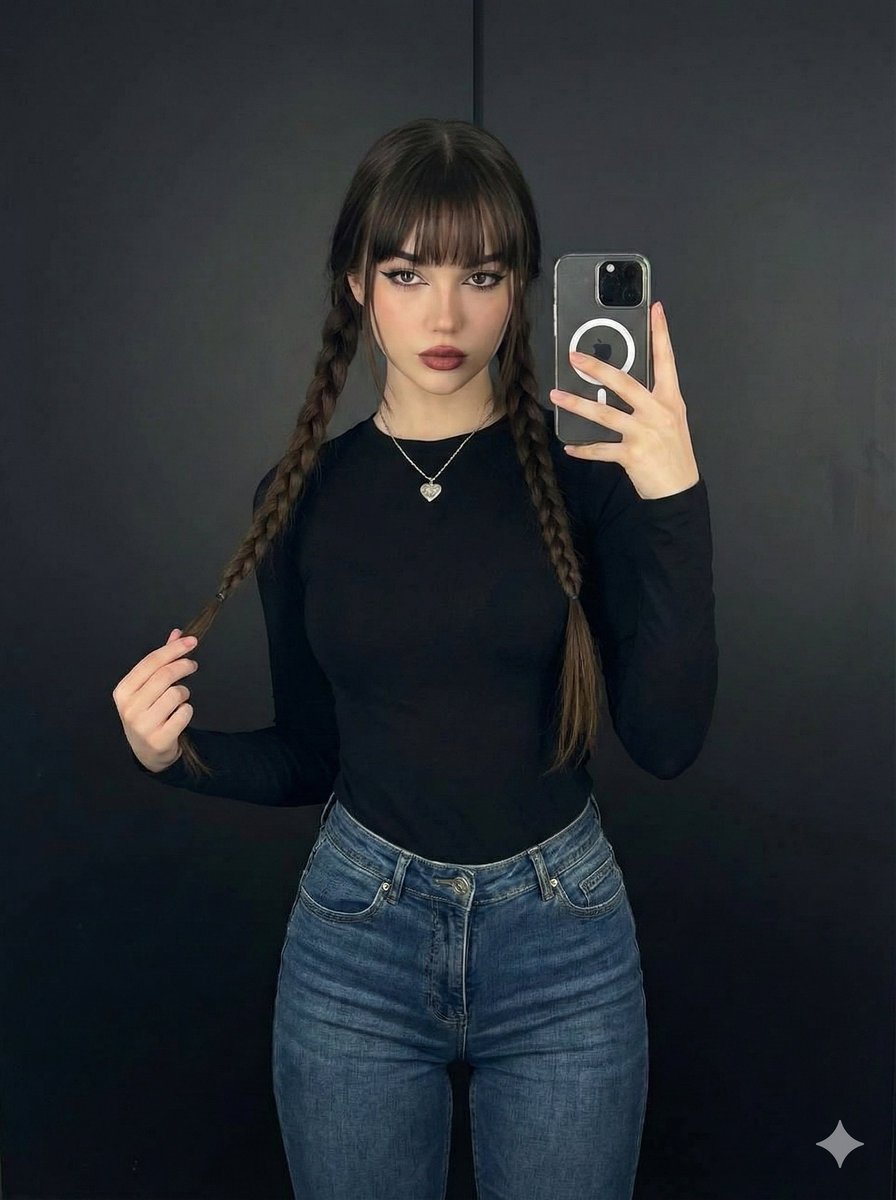 Chic Portrait: Woman with Braids, Bangs & Dark Aesthetic Selfie Nano Banana提示词