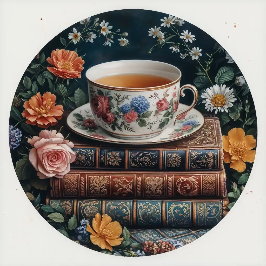 Pastel Tea on Books Midjourney提示词