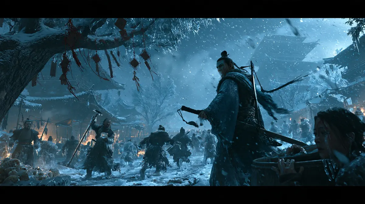 Cinematic Frozen Chinese Village Midjourney提示词
