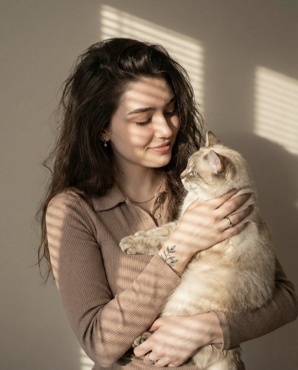 Tender Portrait of Woman and Cat in Sunlight Nano Banana提示词