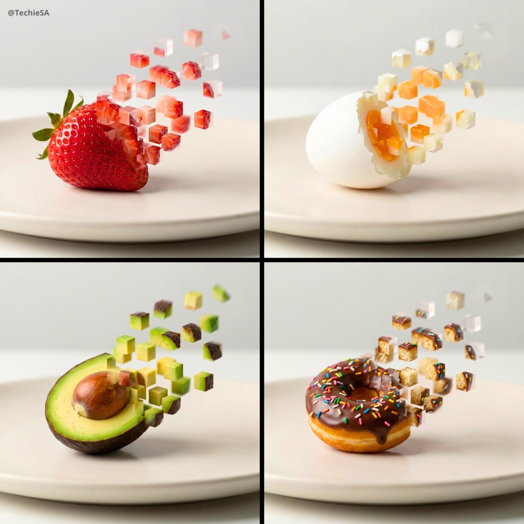 Deconstructed Food Art: Strawberry, Egg, Avocado, Donut Nano Banana提示词