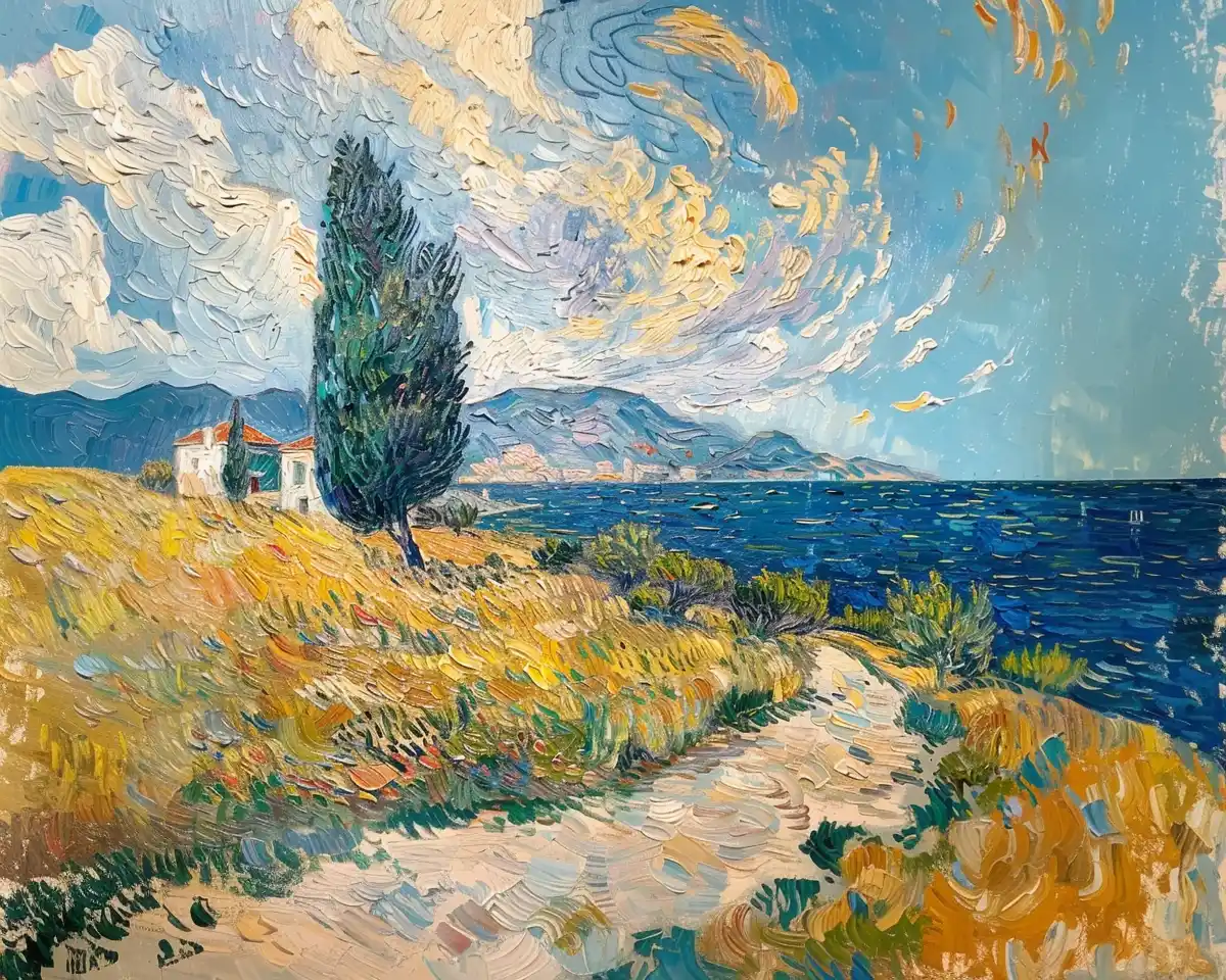 Vintage Coastal Landscape in Van Gogh Style Midjourney提示词