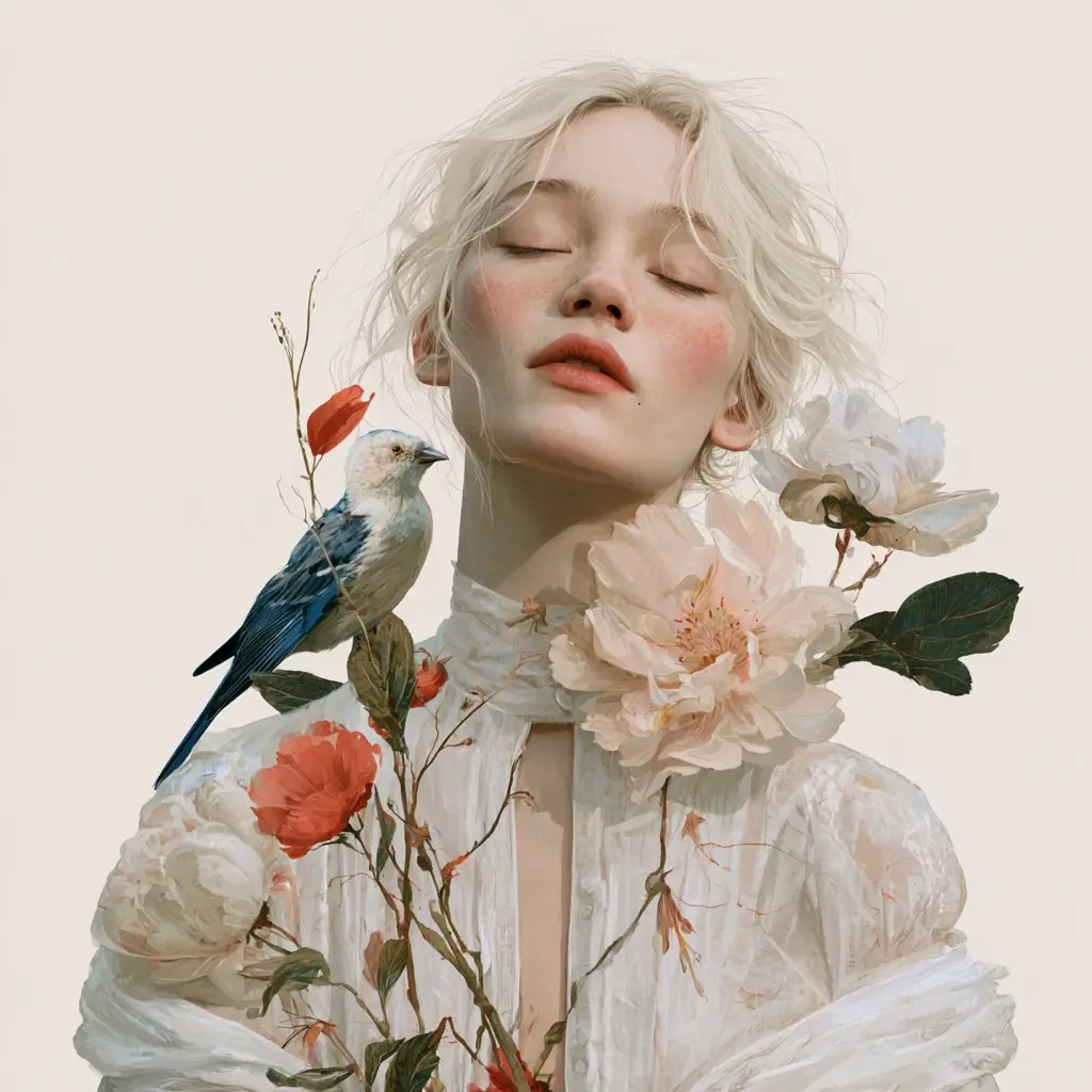 Woman Flowers Small Bird Midjourney提示词