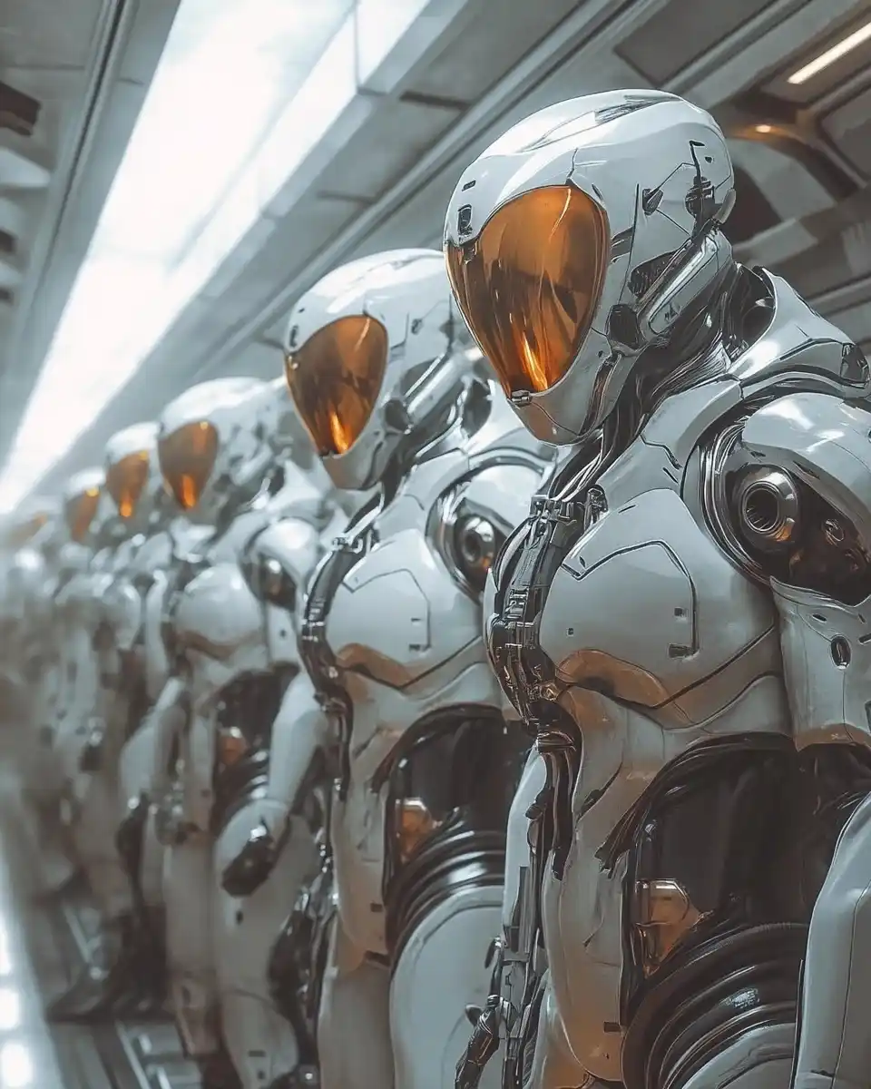 Futuristic Figures in Hangar Midjourney提示词