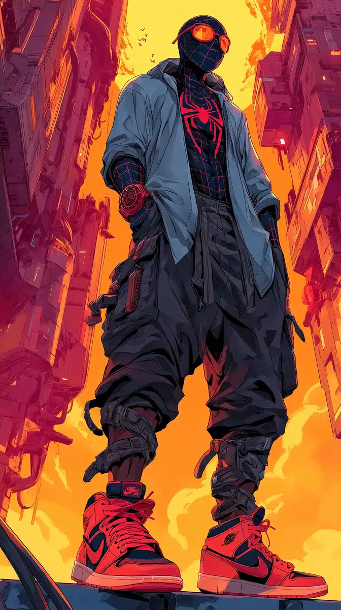 Futuristic Spider-Man in Urban Sci-Fi Midjourney提示词