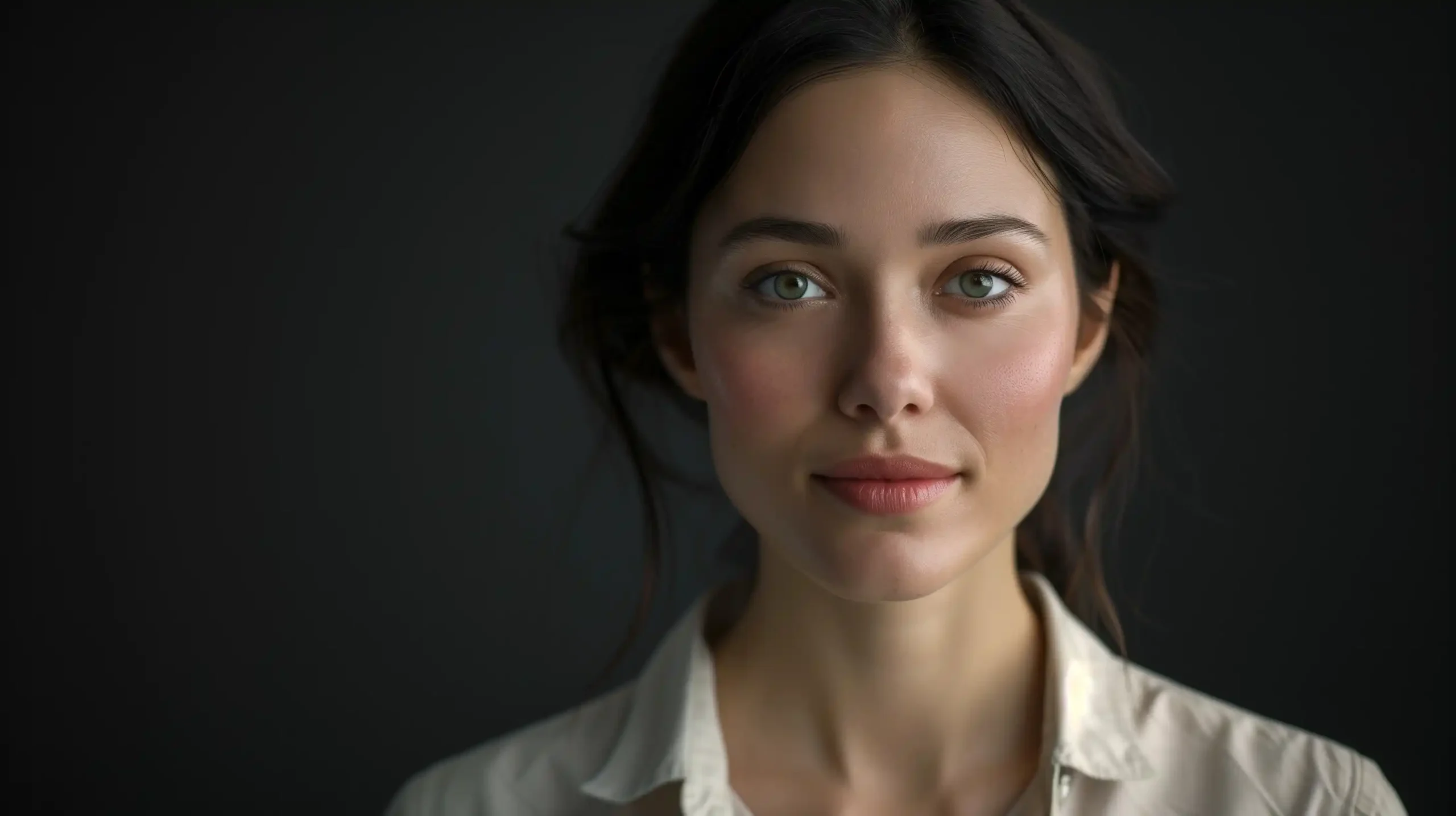 Realistic Woman Portrait on Black Background Midjourney提示词