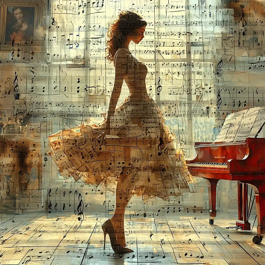 Musical Woman in Mucha Style Midjourney提示词