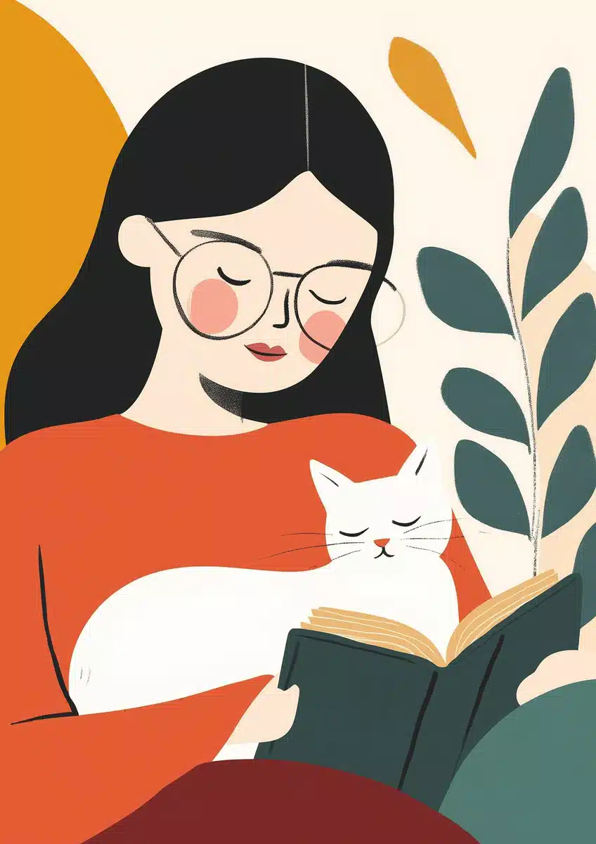 Minimalist Woman Reading with Cat Midjourney提示词