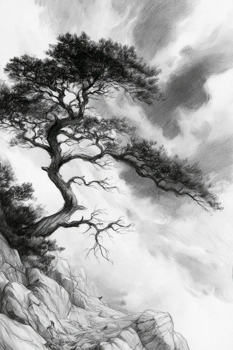 Charcoal Pine Tree Cliff Midjourney提示词