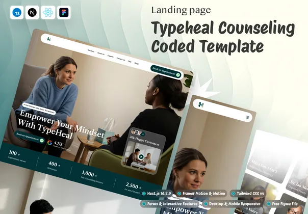 心理咨询落地页模板（Next.js，TypeHeal），TypeHeal – Counseling & Therapy Landing Page (Next.js + React + Tailwind CSS + TypeScript + Figma)