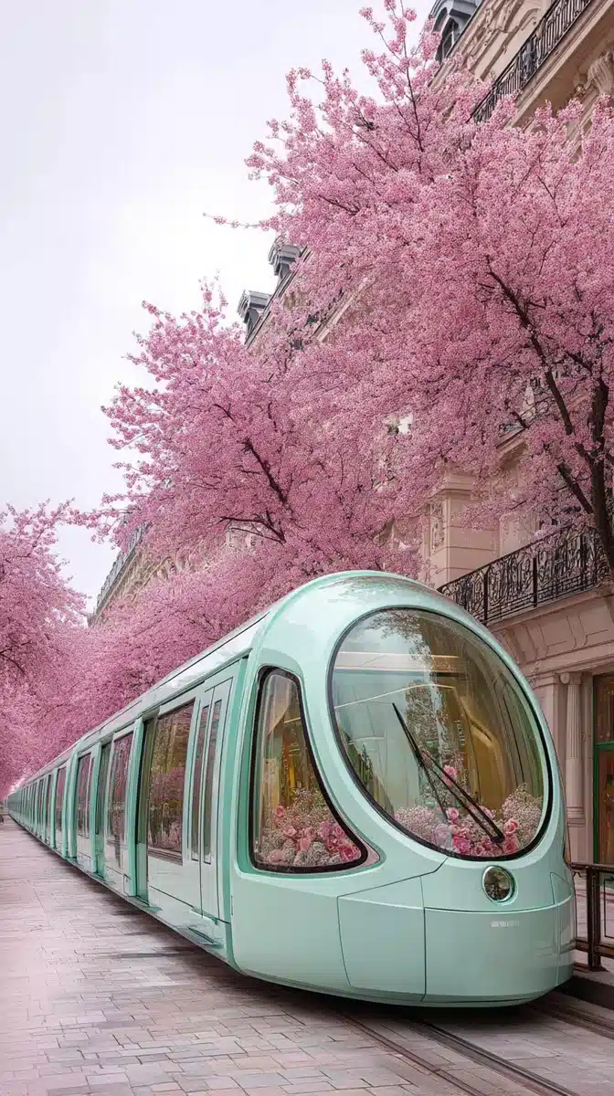Retro-Futuristic Train in Paris Midjourney提示词
