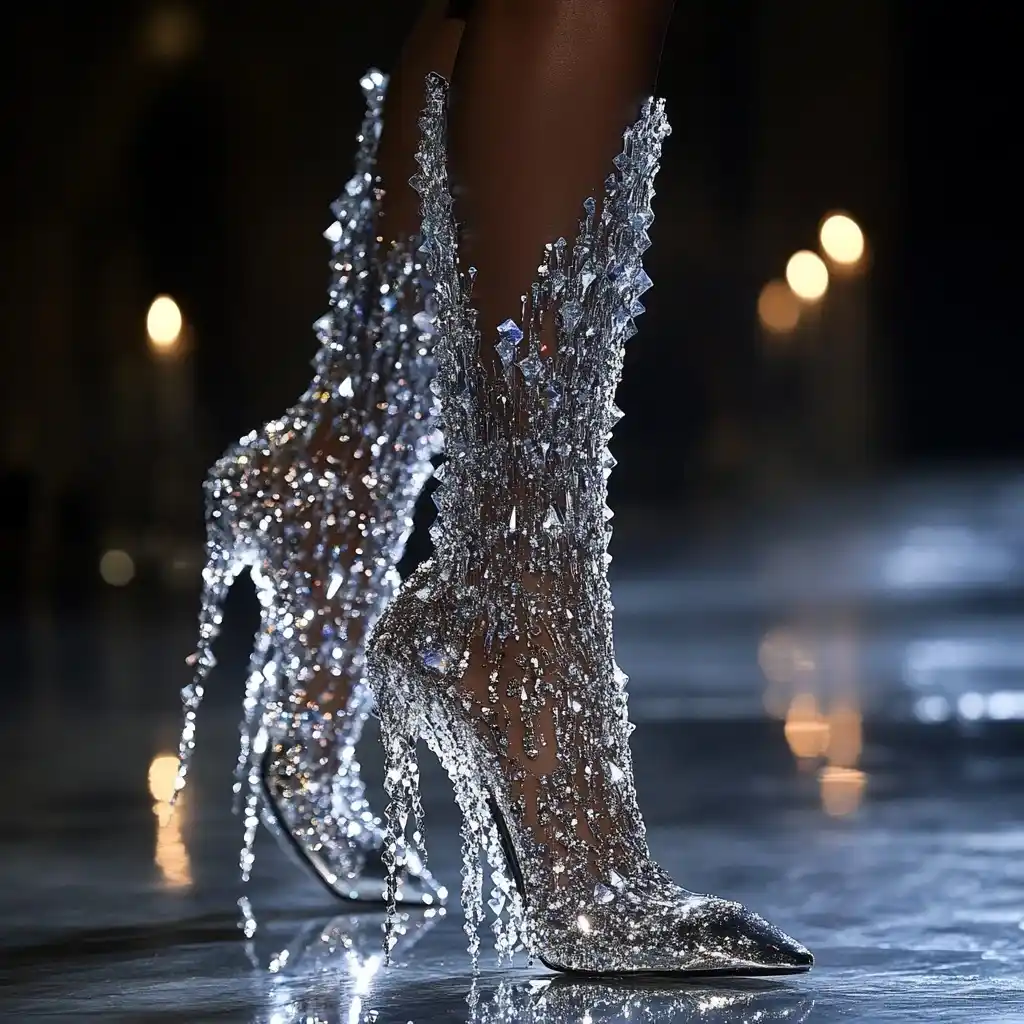 Crystal-Infused Runway Footwear Midjourney提示词