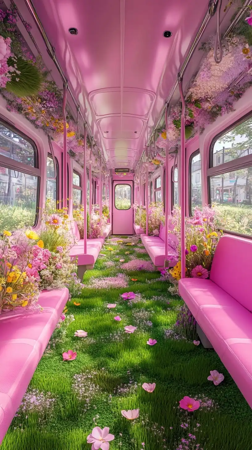 Pastel Train Interior Landscape Midjourney提示词