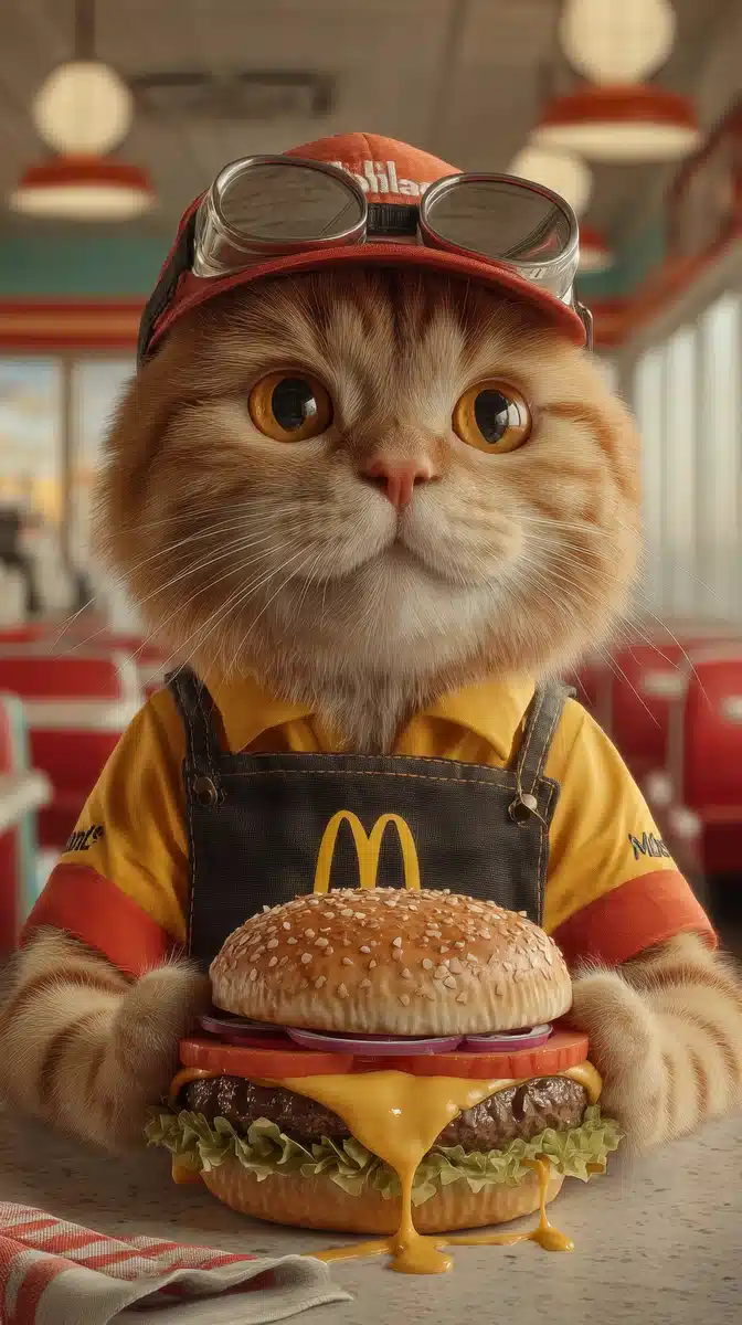 Photorealistic Cat at McDonalds Midjourney提示词