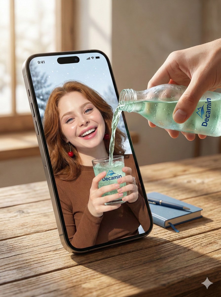 Innovative Smartphone Beverage Ad | Decamin Product Photo Nano Banana提示词