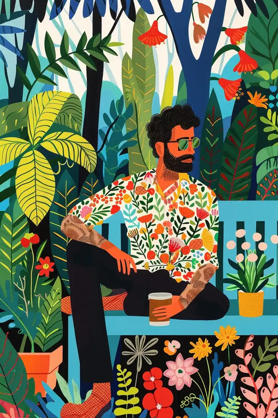 Dark-Haired Man in Garden Midjourney 提示词生成效果