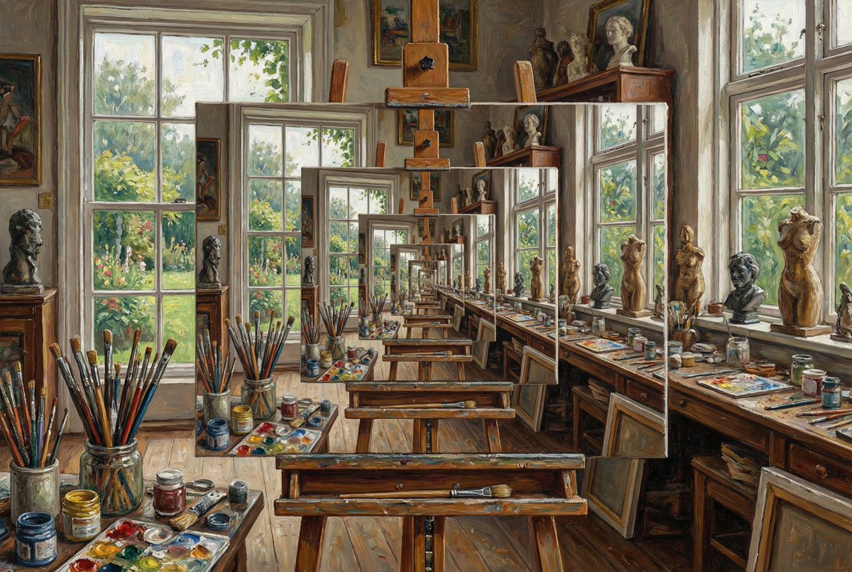 Art Studio Oil Painting with Infinite Loop & Easels Nano Banana提示词